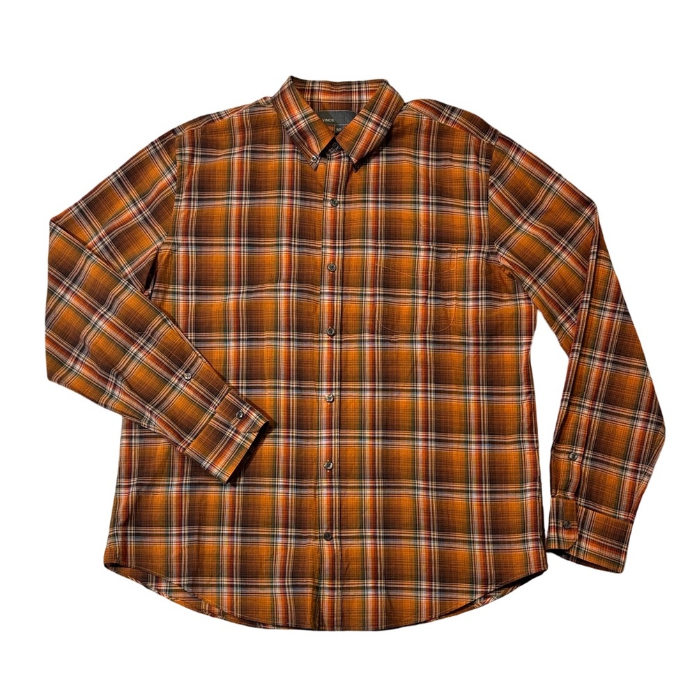 Vince mens XL orange plaid lightweight button up oxford shirt EUC